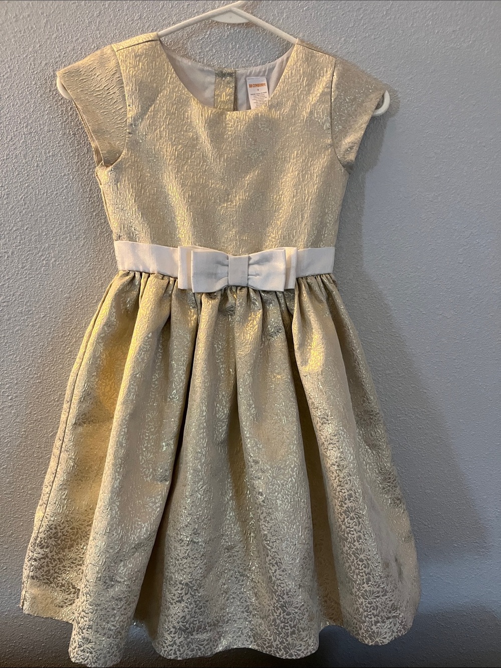 Gymboree Gold Metallic Fit-and-Flare Dress with White Waist Bow